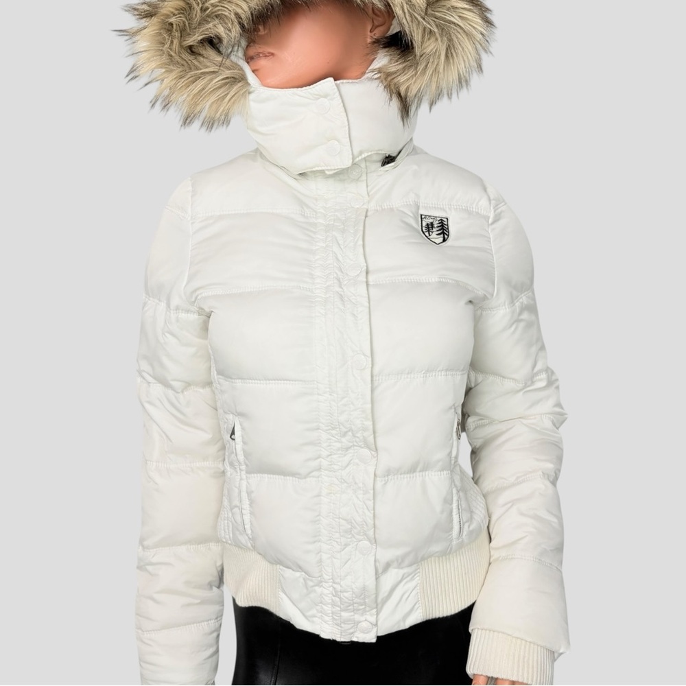 American Eagle Down Feather Puffer Jacket M White Faux Fur Hood Y2K Snow Bunny - Picture 3 of 15